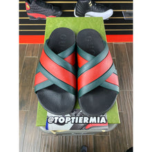 Load image into Gallery viewer, GUCCI RUBBER WEB CRISSCROSS SLIDES GREEN RED SZ 7