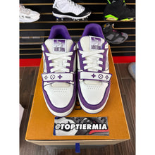 Load image into Gallery viewer, LOUIS VUITTON LV TRAINER MONOGRAM STRAP WHITE PURPLE SZ 8.5
