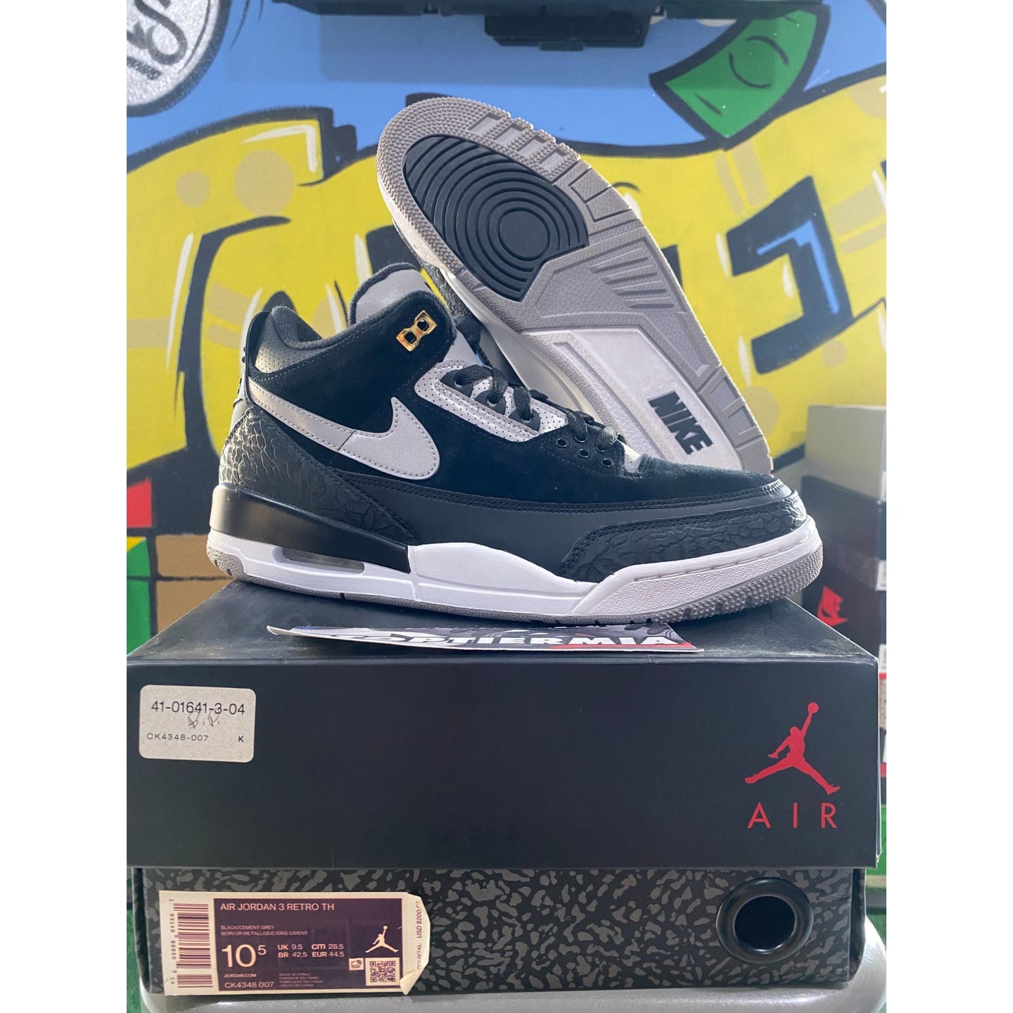 air jordan 3 tinker hatfield black cement sz 10.5