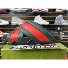 Load image into Gallery viewer, GUCCI RUBBER WEB CRISSCROSS SLIDES GREEN RED SZ 7
